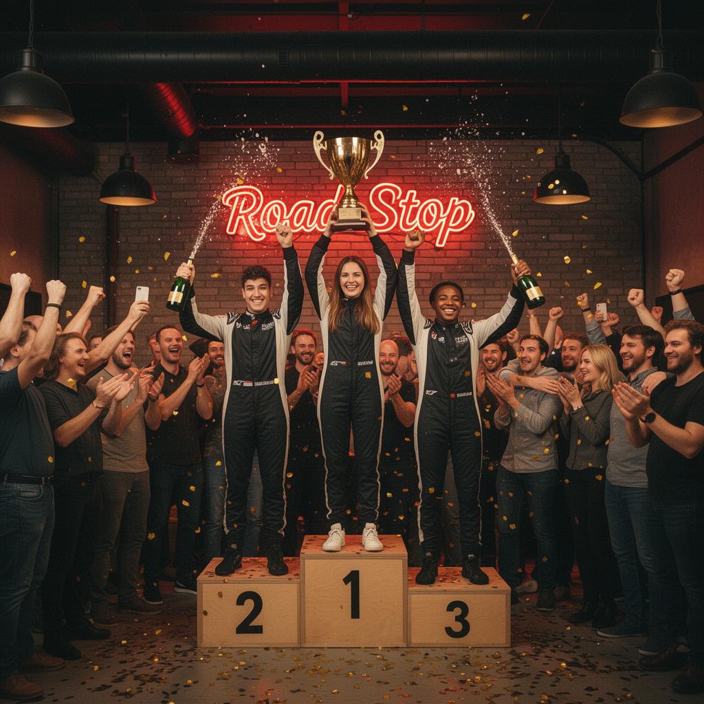 Siegerehrung auf dem Podium mit Pokal, Champagner und Konfetti im Road Stop Racing Center